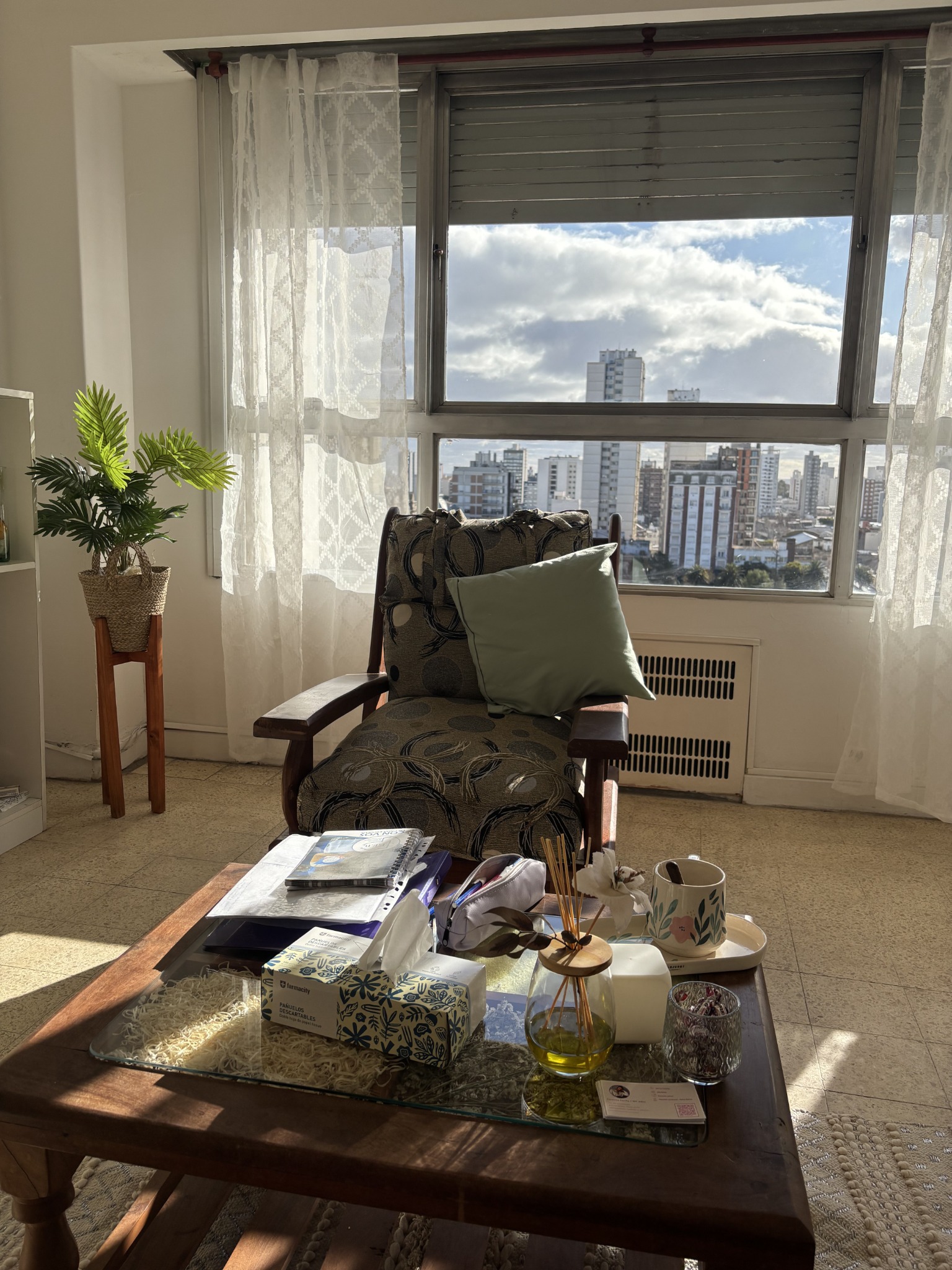 Sillón junto a la ventana del consultorio, con vista a Bahía Blanca